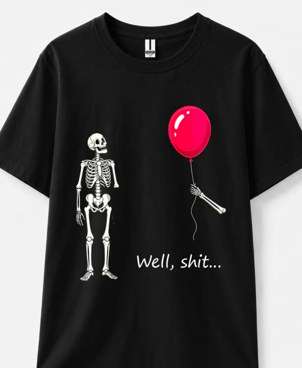 Unisex Black Heavy Cotton T-Shirt 100% Cotton Classic Fit Skeleton Balloon Graph